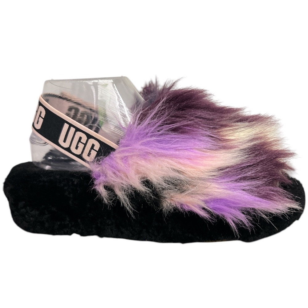 UGG Fluff Yeah Slide Purple Pink Black Faux Fur Slipper 1095119 Womens Size 8